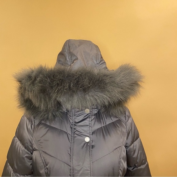 🛍️ Kenneth Cole New York Gray Chevron Puffer Long Winter Coat Jacket Fur Trim S - Picture 7 of 12